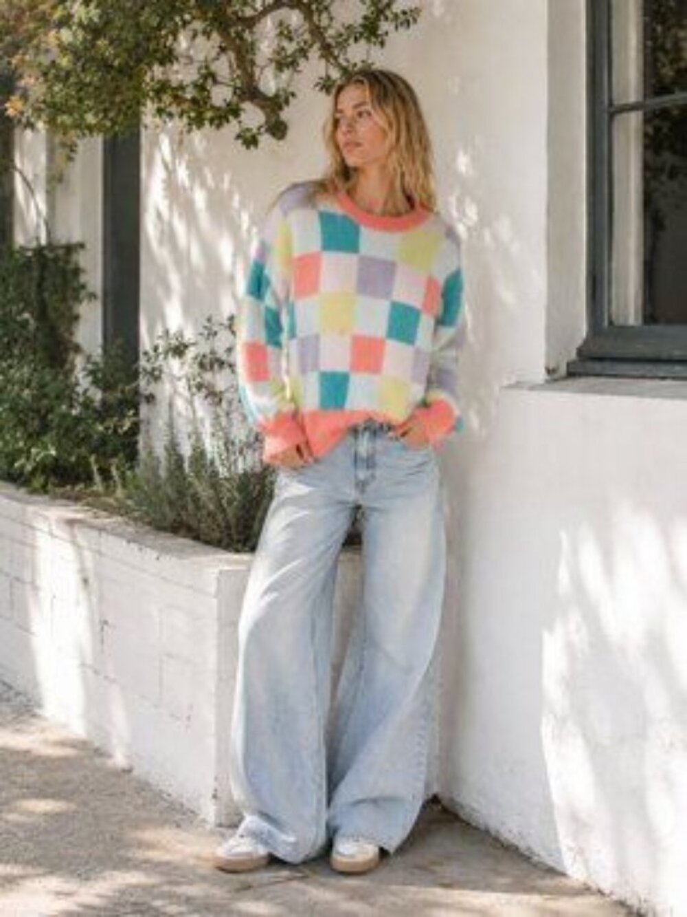 Miss Sparkling Pastel Checkered Fuzzy Knit Sweater Colorblock Y2K Cozy Pullover